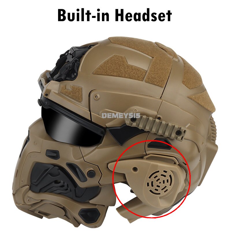 Military Airsoft Full Head Protection Helmet with Built-in Headset & Fan